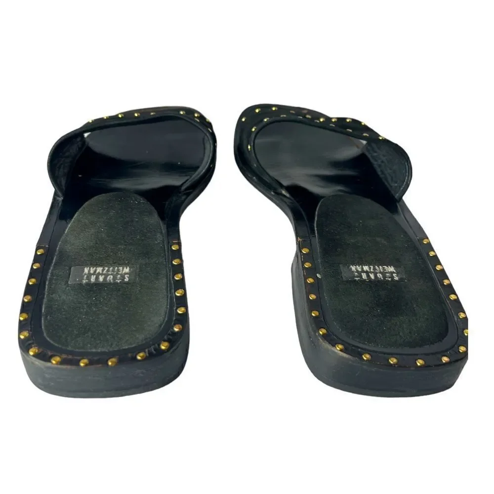 Stuart Weitzman Gorgeous Black Suede Slides Embellished in Gold Grommets Sz 5
